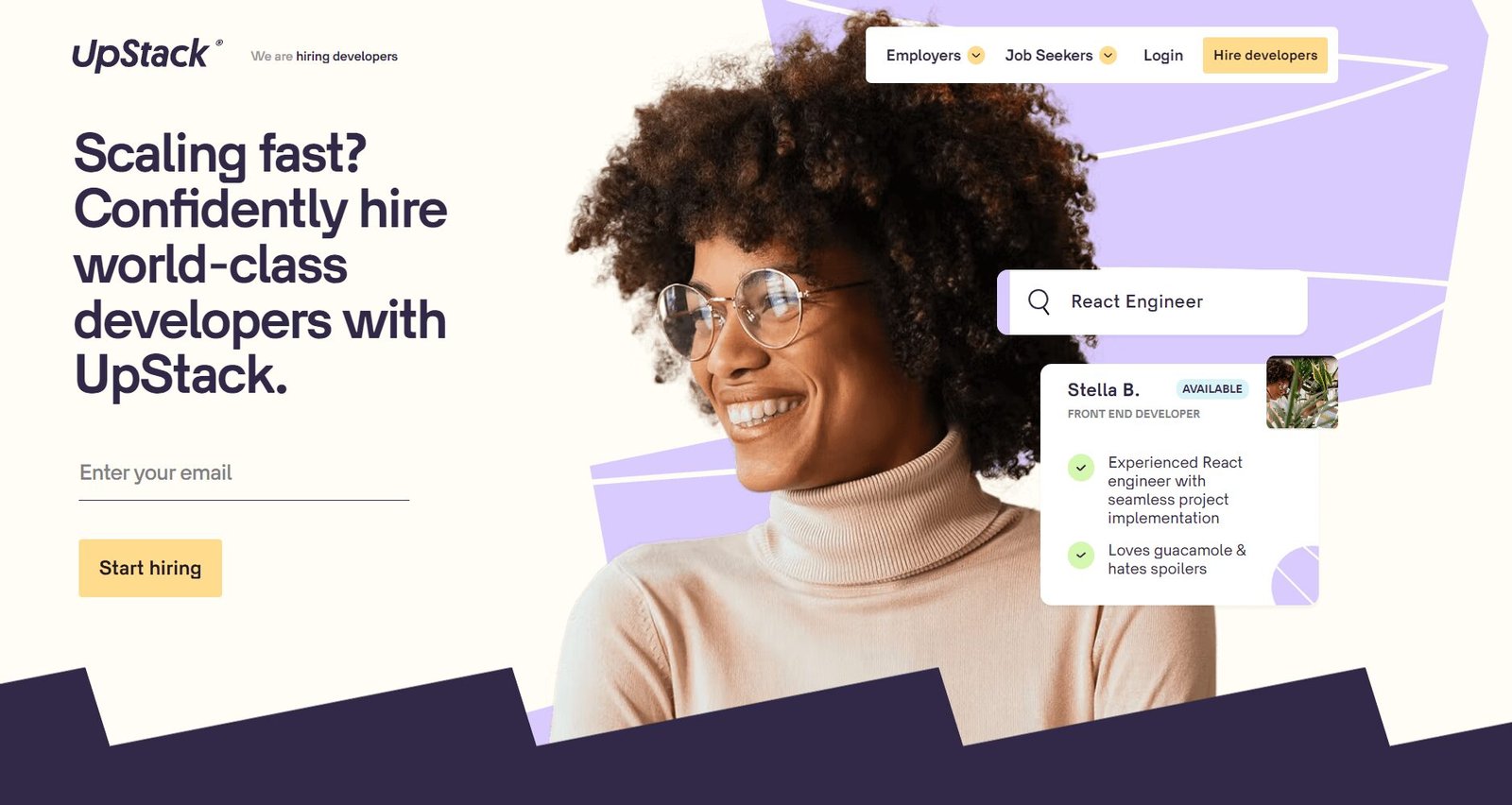 UpStack homepage hiring developers platform