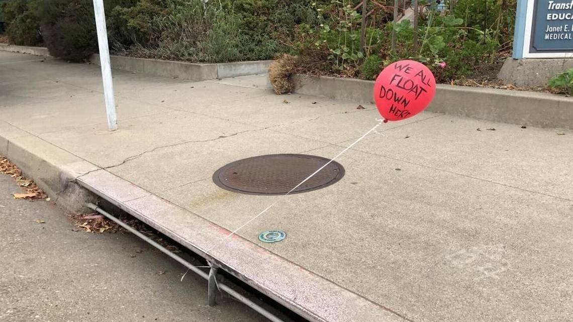 Red balloon on the street promoting ‘IT’ Movie