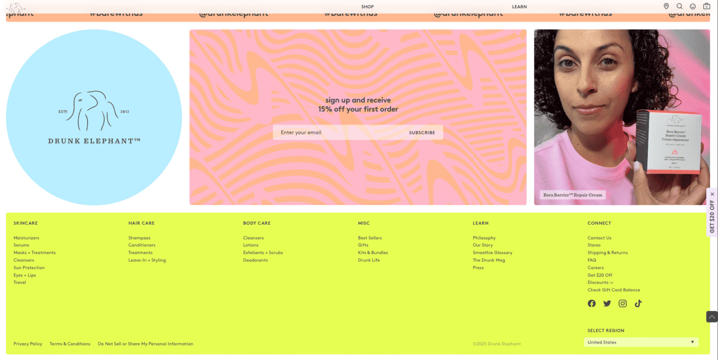 Colorful website footer by Drunk Elephant