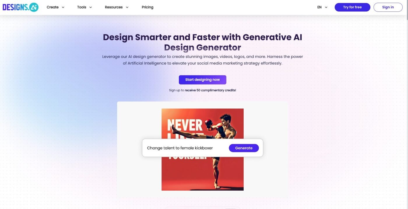 Designs.ai homepage showing AI logo maker and brand kit options | Source: Designs.ai