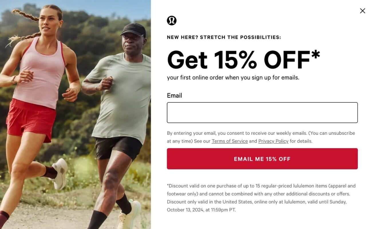 Lululemon newsletter signup page offering 15% discount (Source: litextension.com)